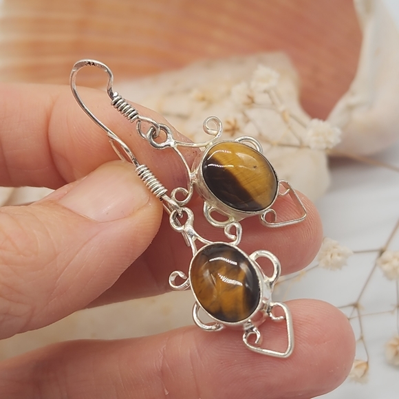Natural Tiger Eye Stone Silver 925 Earrings - Picture 6 of 8